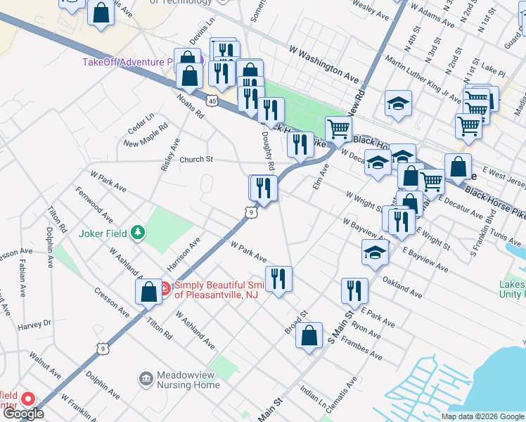 map of restaurants, bars, coffee shops, grocery stores, and more near 600 South New Road in Pleasantville