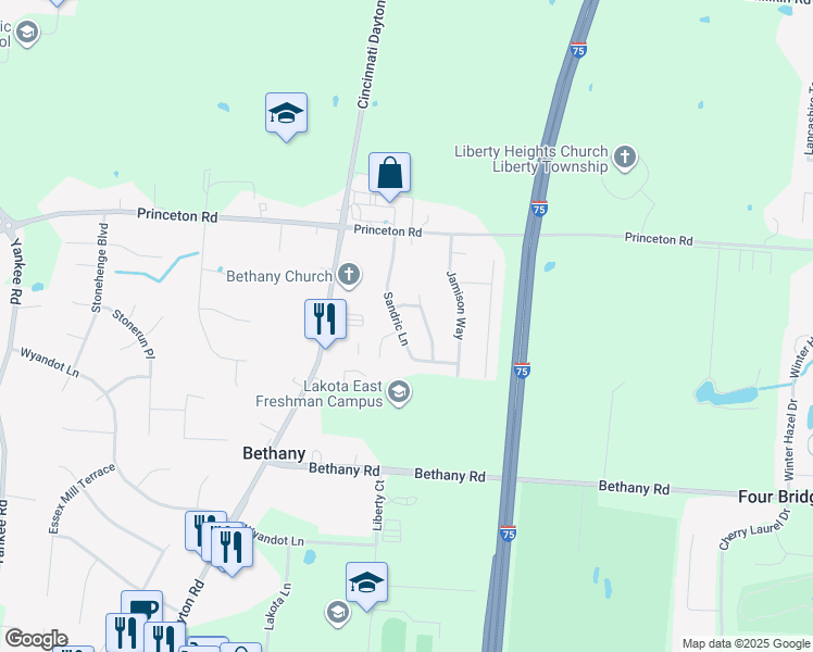 map of restaurants, bars, coffee shops, grocery stores, and more near 6405 Sandric Lane in Butler County