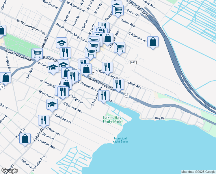 map of restaurants, bars, coffee shops, grocery stores, and more near 199 East Black Horse Pike in Pleasantville
