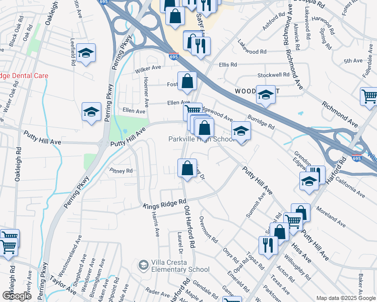map of restaurants, bars, coffee shops, grocery stores, and more near 8519 Old Harford Road in Parkville