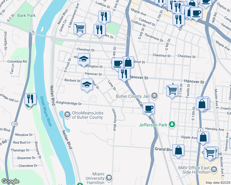 map of restaurants, bars, coffee shops, grocery stores, and more near 1229 Lane Street in Hamilton