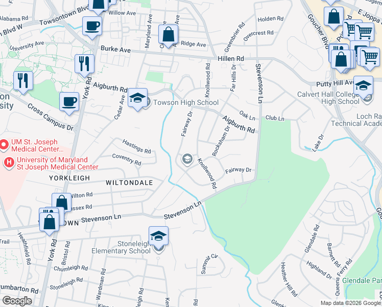 map of restaurants, bars, coffee shops, grocery stores, and more near 806 Quincy Road in Towson