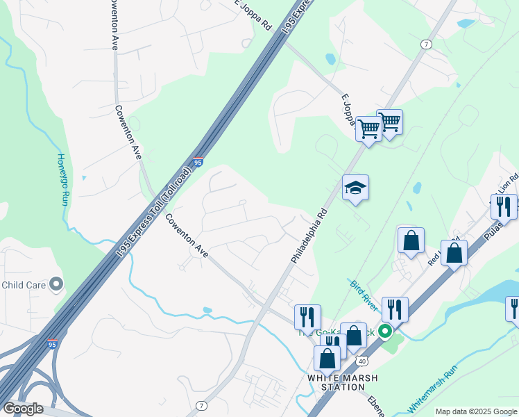 map of restaurants, bars, coffee shops, grocery stores, and more near 10826 Catron Road in Perry Hall
