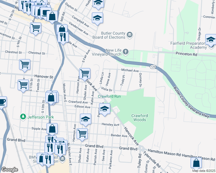 map of restaurants, bars, coffee shops, grocery stores, and more near 385 South Eastview Parkway in Hamilton