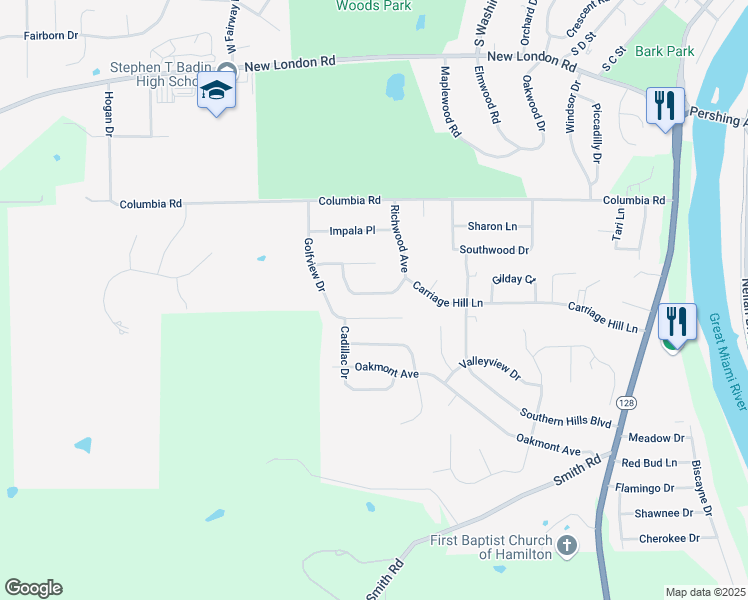 map of restaurants, bars, coffee shops, grocery stores, and more near 988 Richwood Circle in Hamilton