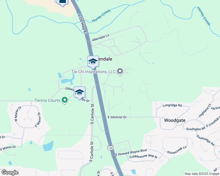 map of restaurants, bars, coffee shops, grocery stores, and more near 115 Allendale Terrace in Terre Haute