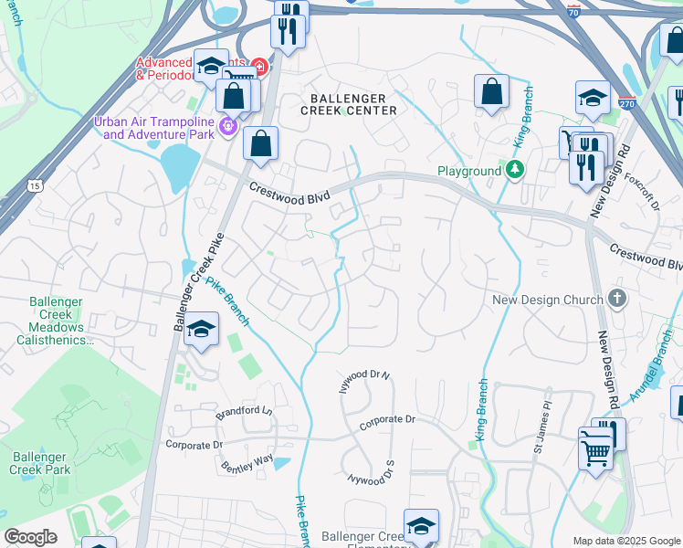 map of restaurants, bars, coffee shops, grocery stores, and more near 5808 Planters Court in Frederick