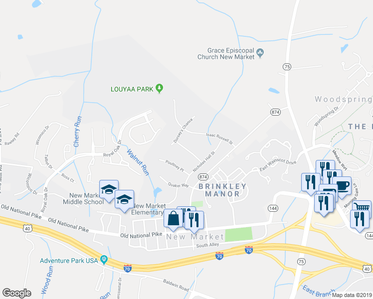 map of restaurants, bars, coffee shops, grocery stores, and more near 410 Richard Roberts Street in New Market