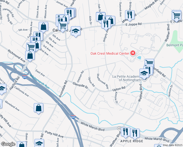 map of restaurants, bars, coffee shops, grocery stores, and more near 3404 Upton Road in Parkville