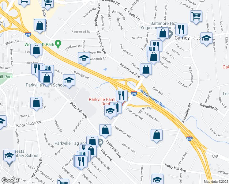 map of restaurants, bars, coffee shops, grocery stores, and more near 2901 Robern Avenue in Parkville
