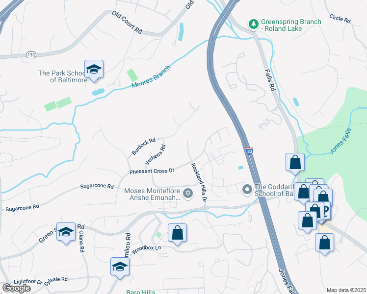 map of restaurants, bars, coffee shops, grocery stores, and more near 7202 Rockland Hills Drive in Baltimore