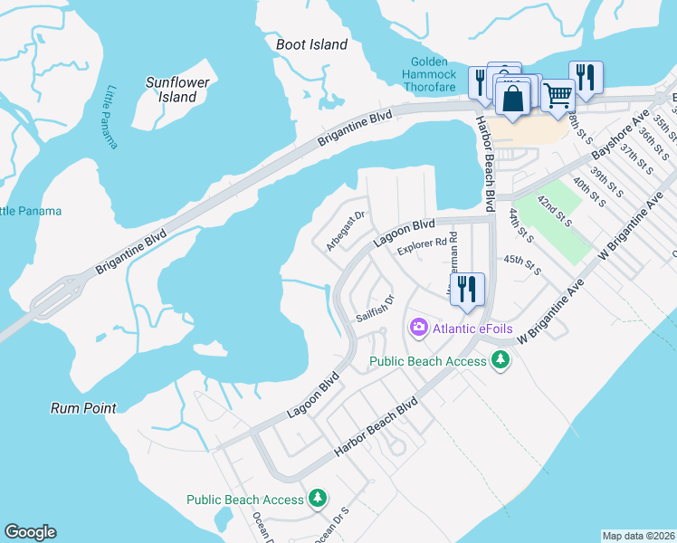 map of restaurants, bars, coffee shops, grocery stores, and more near 401 Lagoon Boulevard in Brigantine