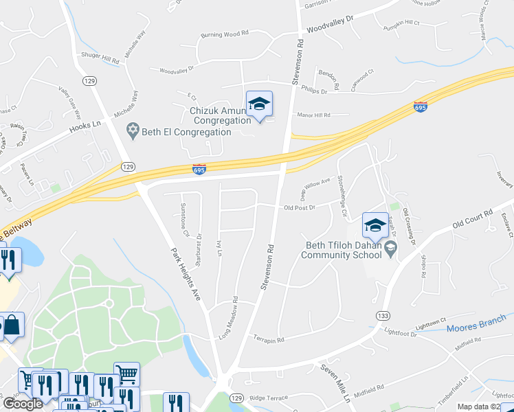 map of restaurants, bars, coffee shops, grocery stores, and more near 3503 Old Post Dr in Pikesville