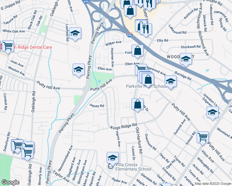 map of restaurants, bars, coffee shops, grocery stores, and more near 8549 Harris Avenue in Parkville