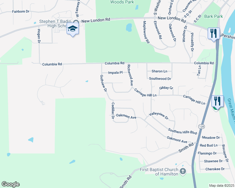 map of restaurants, bars, coffee shops, grocery stores, and more near 988 Richwood Circle in Hamilton