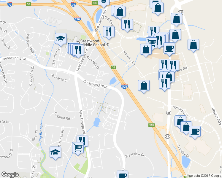 map of restaurants, bars, coffee shops, grocery stores, and more near 5628 Crestwood Court in Frederick