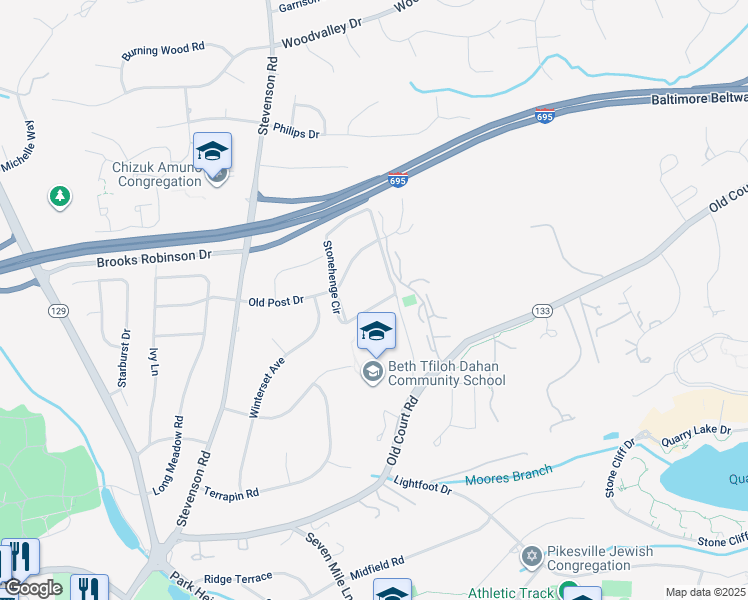 map of restaurants, bars, coffee shops, grocery stores, and more near 23 Stonehenge Circle in Pikesville
