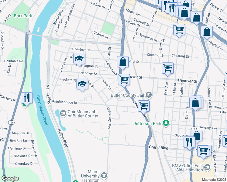 map of restaurants, bars, coffee shops, grocery stores, and more near 1229 Lane Street in Hamilton