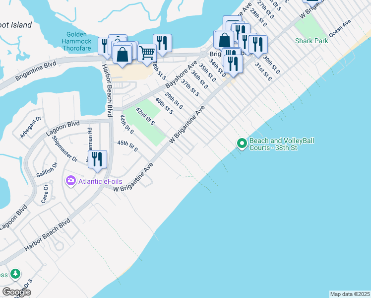 map of restaurants, bars, coffee shops, grocery stores, and more near 335 42nd Street South in Brigantine