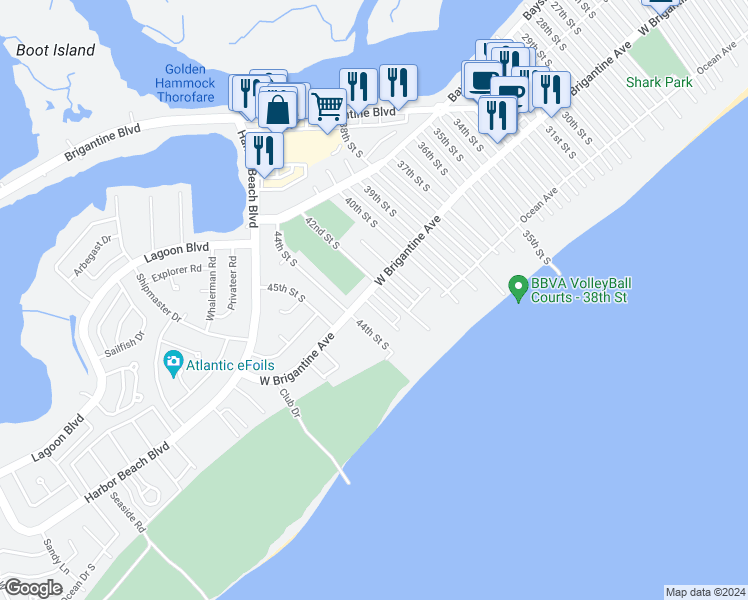 map of restaurants, bars, coffee shops, grocery stores, and more near 4224 West Brigantine Avenue in Brigantine