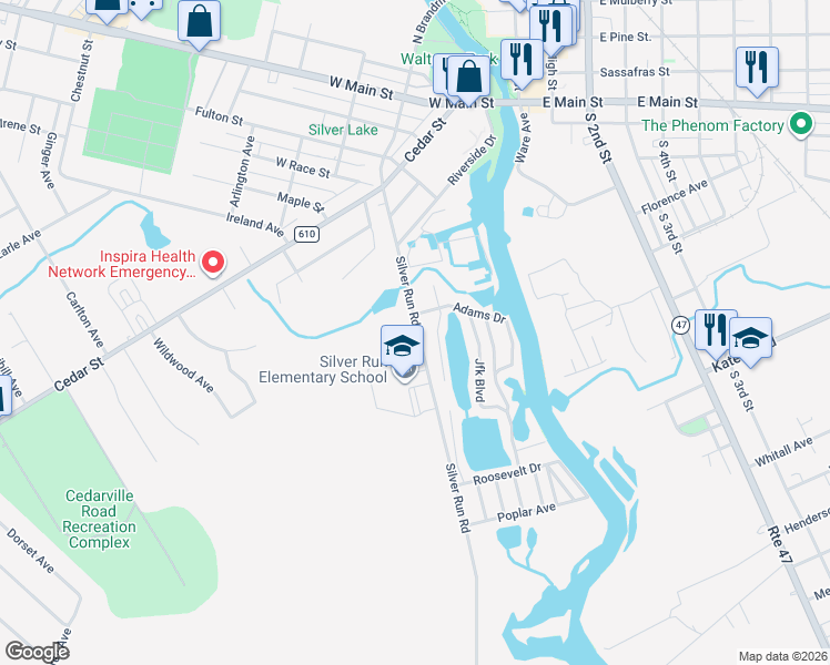 map of restaurants, bars, coffee shops, grocery stores, and more near 300 South Race Street in Millville