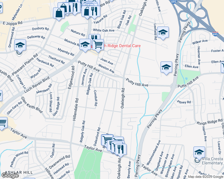 map of restaurants, bars, coffee shops, grocery stores, and more near 1603 Clearwood Road in Parkville
