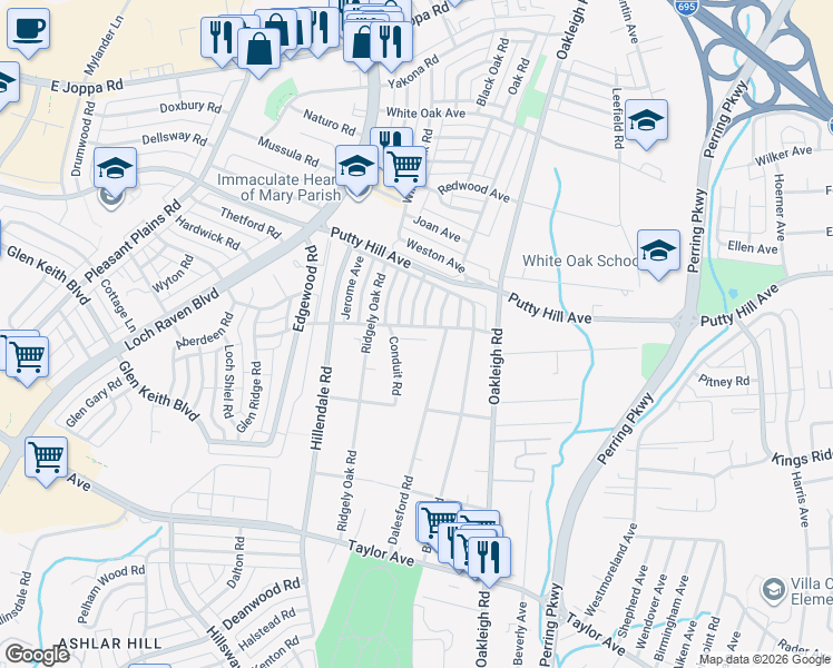 map of restaurants, bars, coffee shops, grocery stores, and more near 1523 Clearwood Road in Parkville