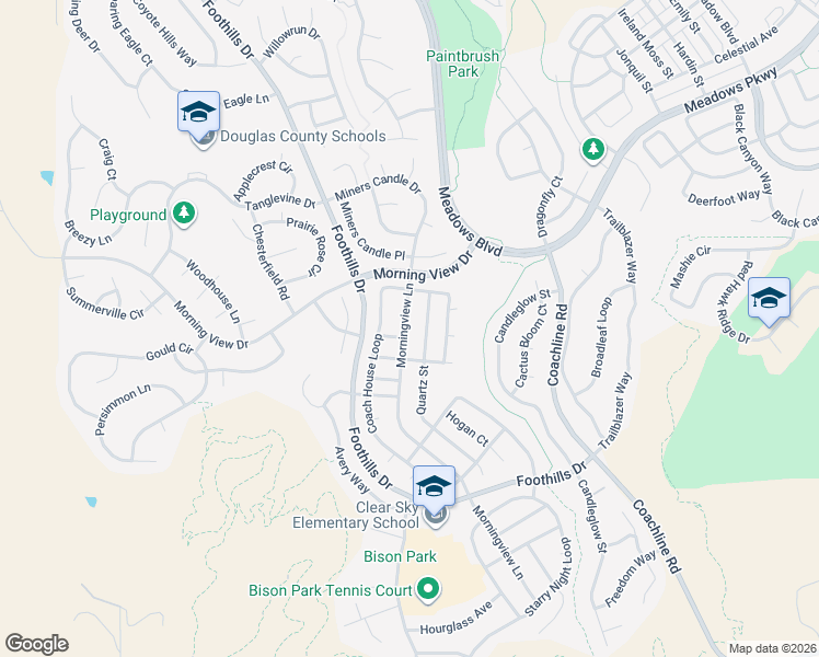 map of restaurants, bars, coffee shops, grocery stores, and more near 2335 Morningview Lane in Castle Rock