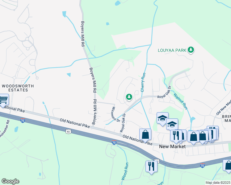 map of restaurants, bars, coffee shops, grocery stores, and more near 5514 Wicomico Drive in New Market