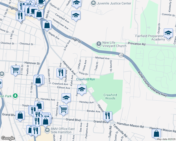 map of restaurants, bars, coffee shops, grocery stores, and more near 385 South Eastview Parkway in Hamilton