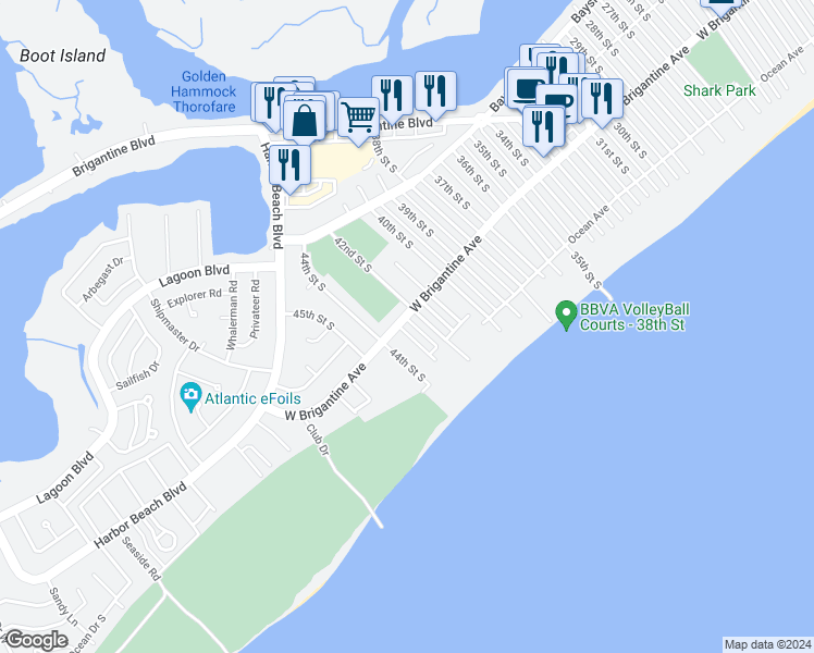 map of restaurants, bars, coffee shops, grocery stores, and more near 4200 West Brigantine Avenue in Brigantine