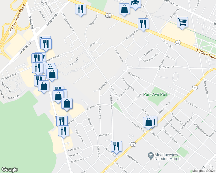 map of restaurants, bars, coffee shops, grocery stores, and more near 1413 Garfield Avenue in Pleasantville