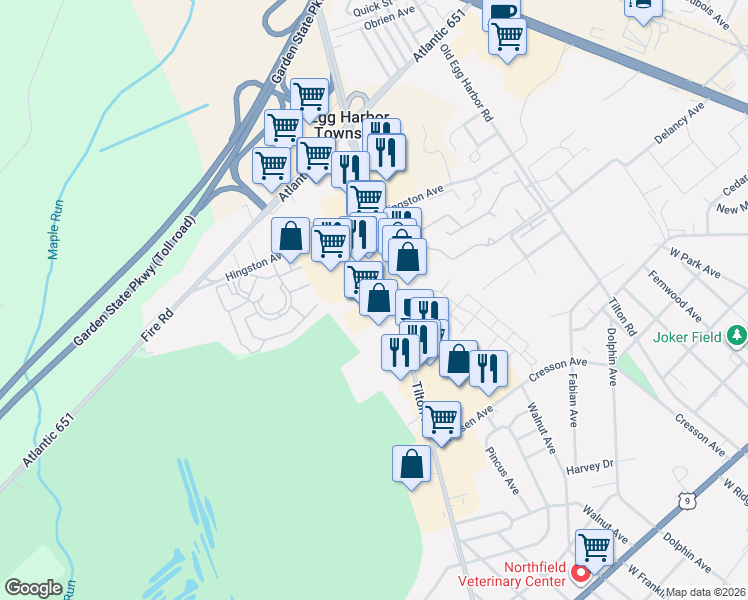 map of restaurants, bars, coffee shops, grocery stores, and more near 200 Tilton Road in Northfield