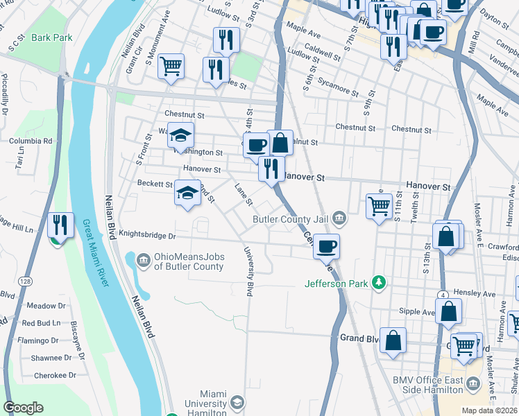 map of restaurants, bars, coffee shops, grocery stores, and more near 1229 Lane Street in Hamilton