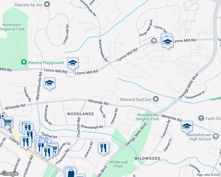 map of restaurants, bars, coffee shops, grocery stores, and more near 4219 Hanwell Road in Randallstown