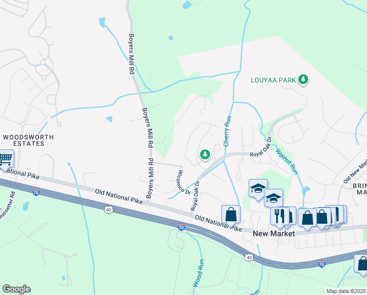 map of restaurants, bars, coffee shops, grocery stores, and more near 5514 Wicomico Drive in New Market