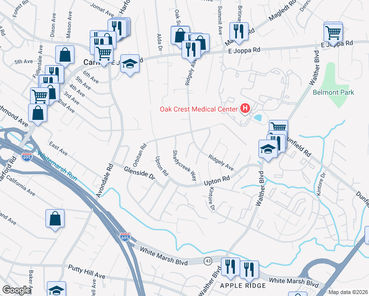 map of restaurants, bars, coffee shops, grocery stores, and more near 22 Rader Court in Parkville