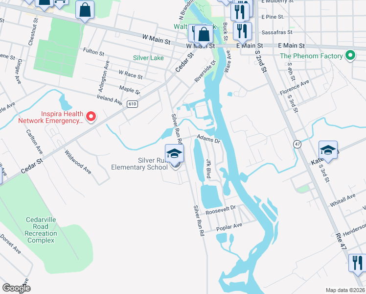 map of restaurants, bars, coffee shops, grocery stores, and more near 300 South Race Street in Millville