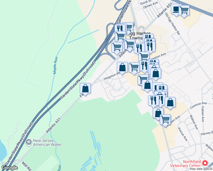 map of restaurants, bars, coffee shops, grocery stores, and more near 347 Heather Croft in Egg Harbor Township