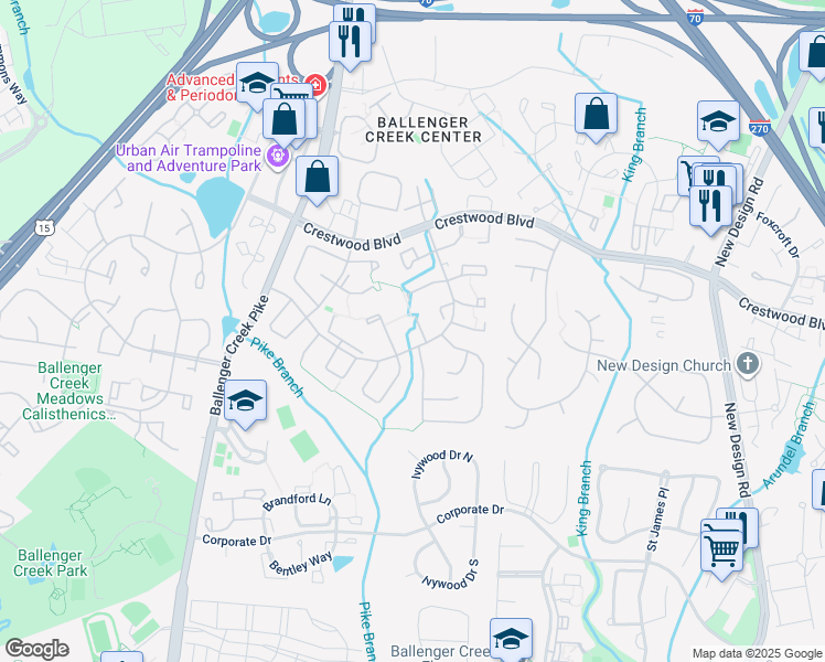 map of restaurants, bars, coffee shops, grocery stores, and more near 5812 Planters Court in Frederick