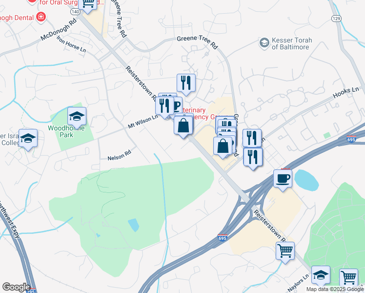 map of restaurants, bars, coffee shops, grocery stores, and more near 1844 Reisterstown Road in Pikesville