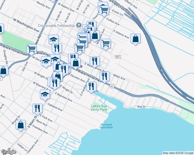 map of restaurants, bars, coffee shops, grocery stores, and more near 200 East Verona Avenue in Pleasantville