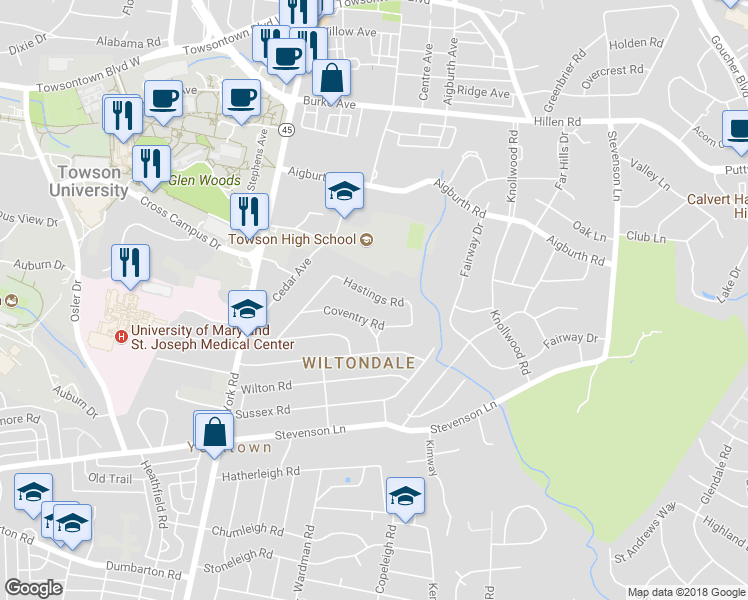 map of restaurants, bars, coffee shops, grocery stores, and more near 607 Hastings Rd in Towson