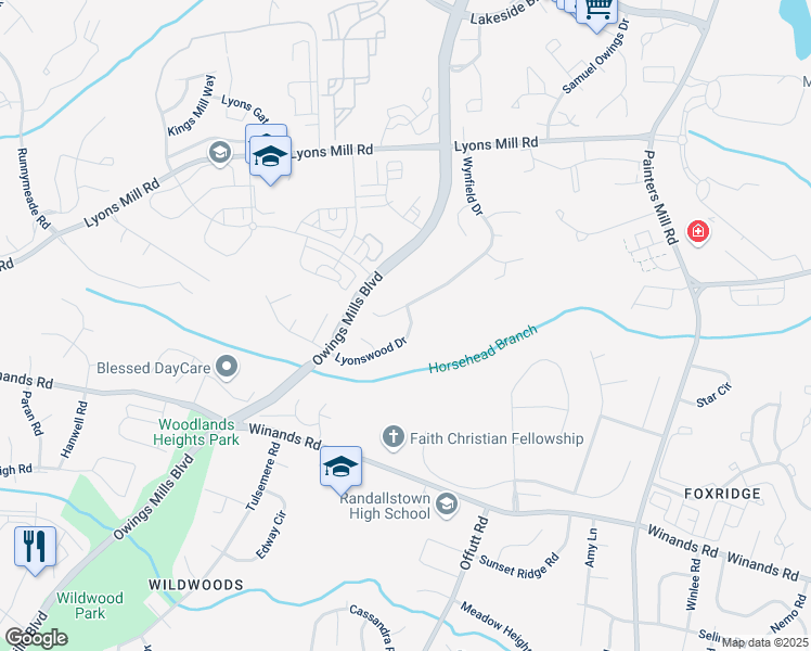 map of restaurants, bars, coffee shops, grocery stores, and more near 9302 Lyonswood Drive in Owings Mills