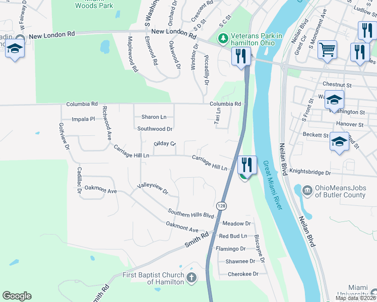 map of restaurants, bars, coffee shops, grocery stores, and more near 1362 Carriage Hill Lane in Hamilton