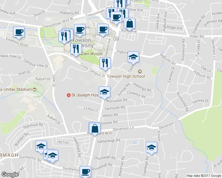 map of restaurants, bars, coffee shops, grocery stores, and more near 12 Cedar Avenue in Towson