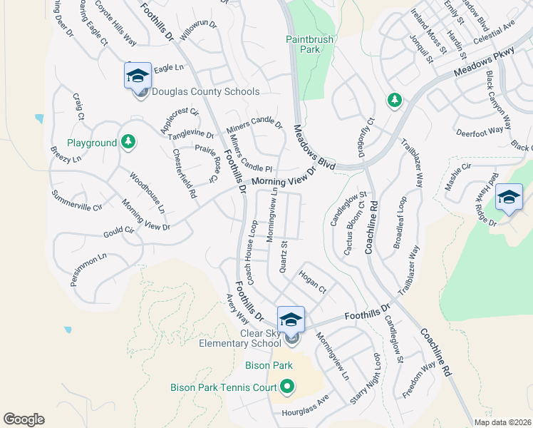 map of restaurants, bars, coffee shops, grocery stores, and more near 2335 Morningview Lane in Castle Rock