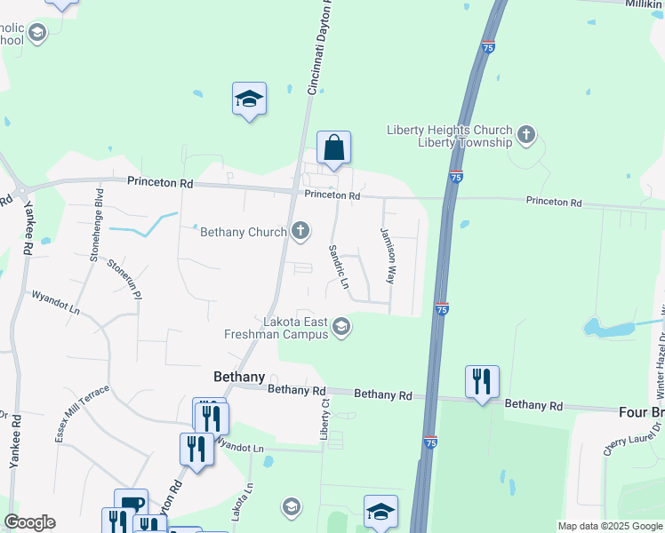 map of restaurants, bars, coffee shops, grocery stores, and more near 6405 Sandric Lane in Butler County