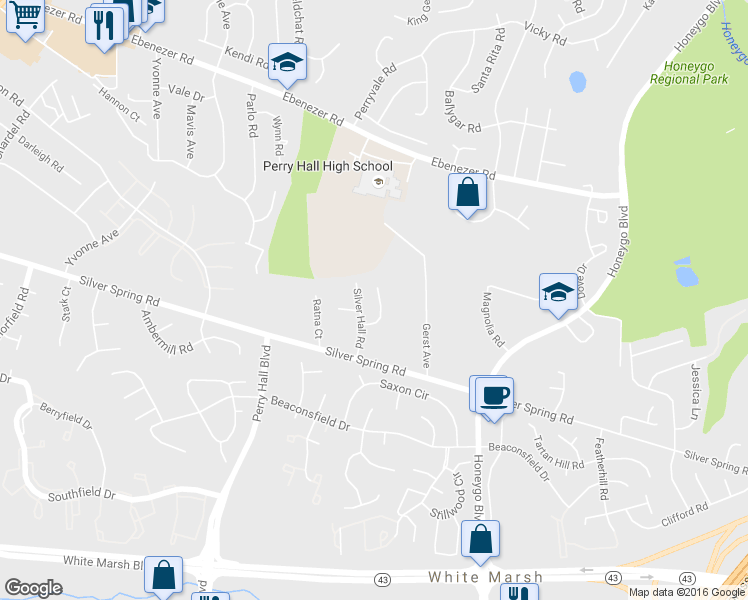 map of restaurants, bars, coffee shops, grocery stores, and more near 30 Hobb Ct in Perry Hall