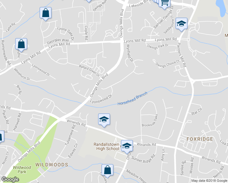 map of restaurants, bars, coffee shops, grocery stores, and more near 9305 Lyonswood Drive in Owings Mills
